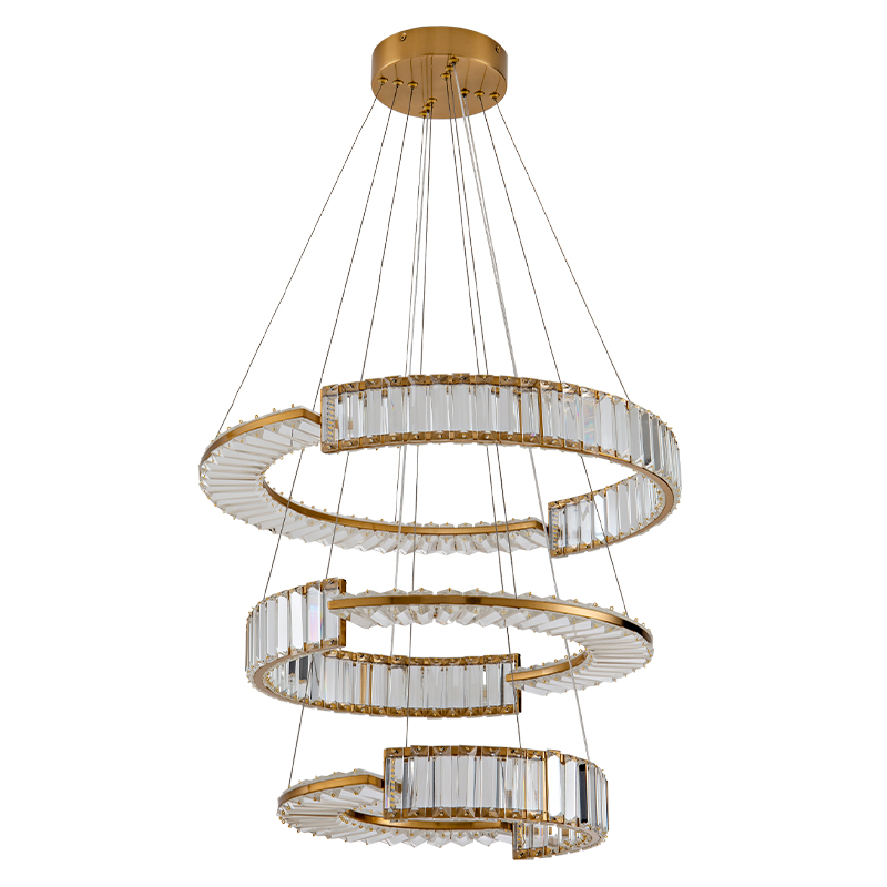 Светодиодная трехъярусная кольцевая люстра из хрусталя и стали с пультом для регулировки света Maude Crystal Light Латунь Прозрачный в Волгограде | Loft Concept 