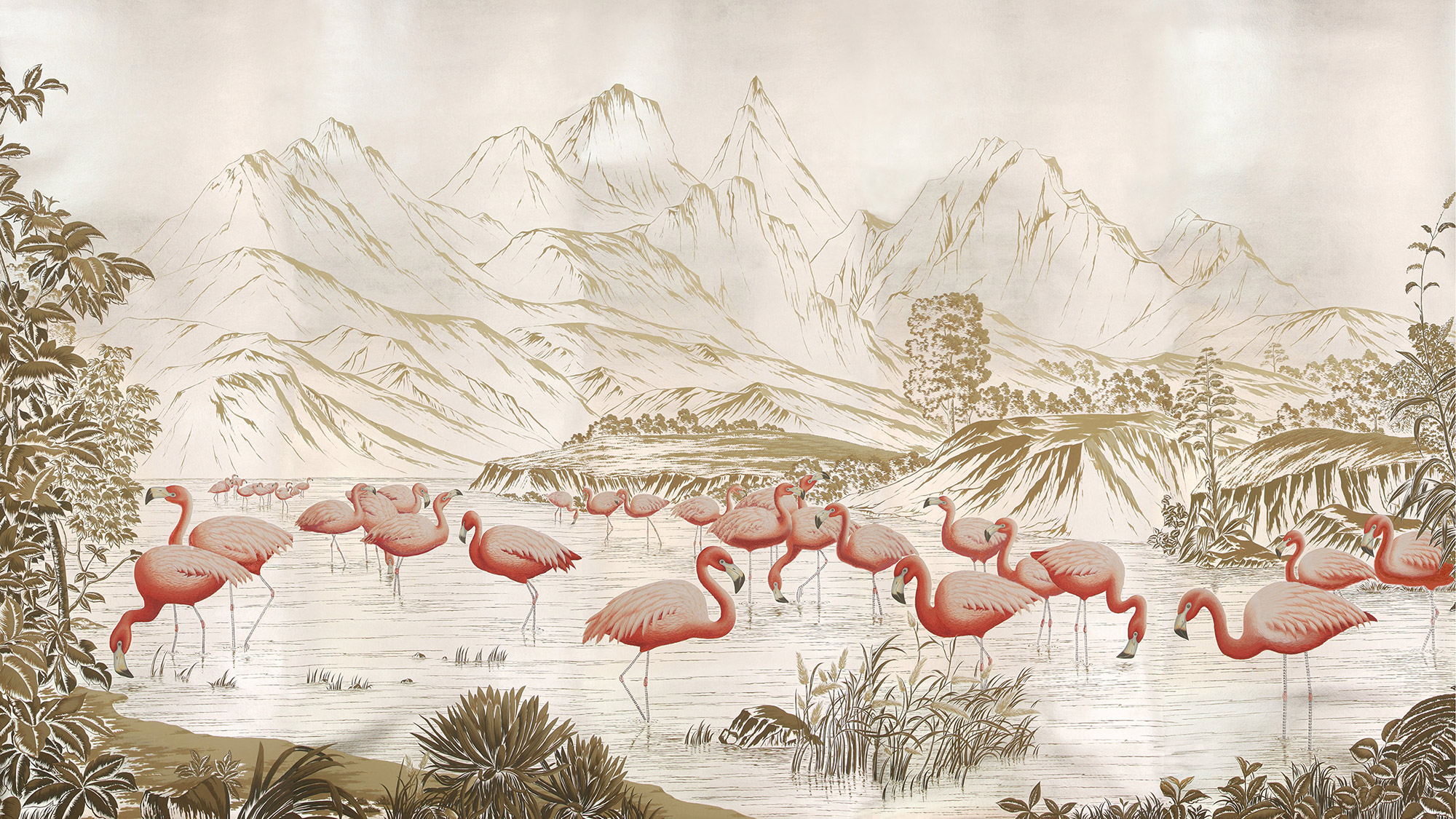 Обои ручная роспись Flamingos Flamingo on Tarnished Silver gilded Xuan paper Обои ручная роспись Flamingos Flamingo on Tarnished Silver gilded Xuan paper - постер Loft-Concept в Волгограде