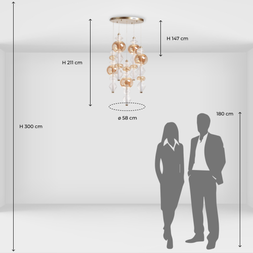 Люстра с плафонами из прозрачного и янтарного стекла в виде шаров и ромбов Gabriel Scott Luna в Волгограде