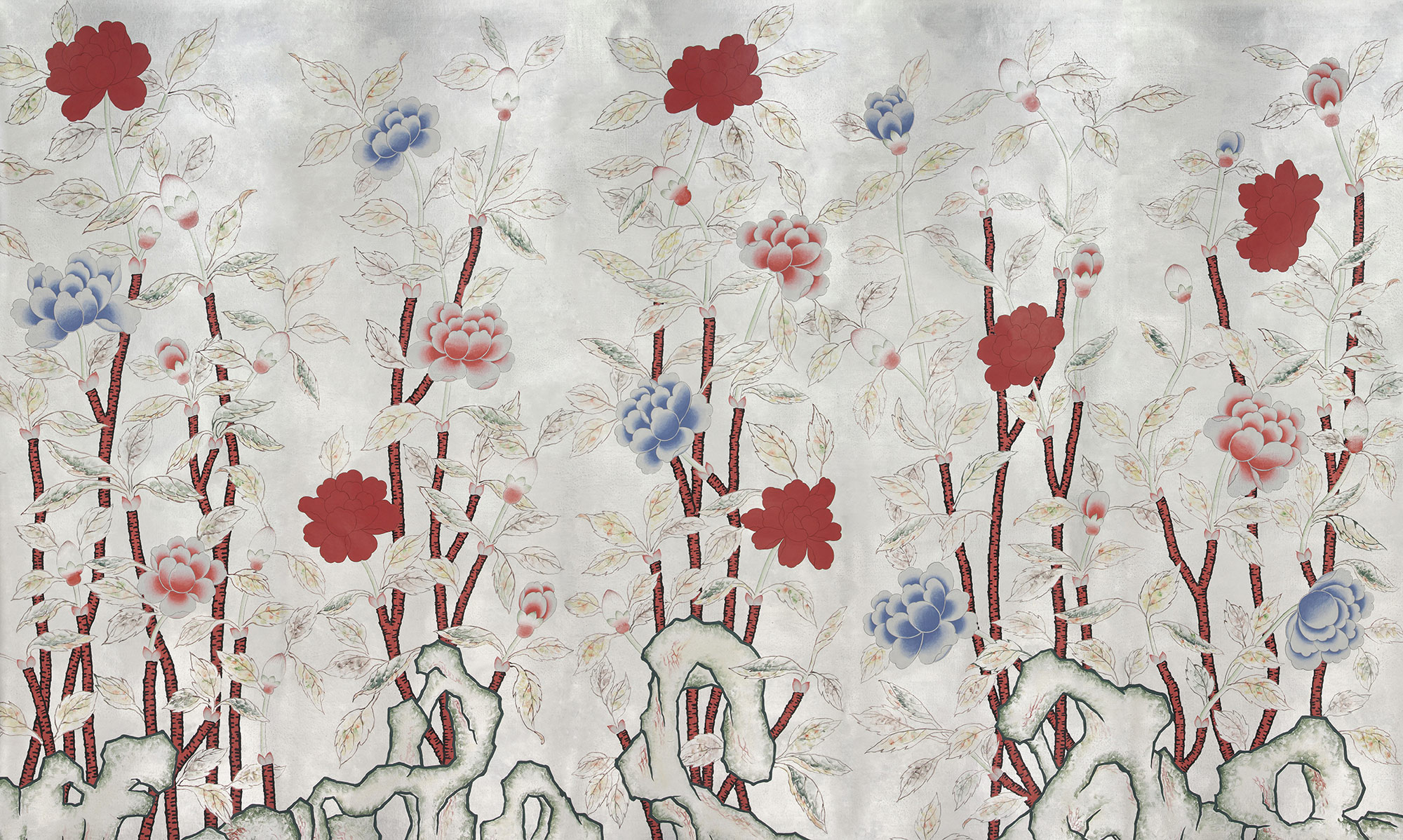Обои ручная роспись Korean Peony Original colourway on Ocean Silver gilded silk with pearlescent antiquing Обои ручная роспись Korean Peony Original colourway on Ocean Silver gilded silk with pearlescent antiquing - постер Loft-Concept в Волгограде