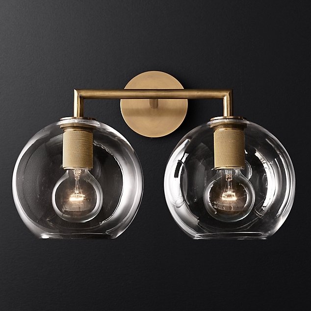 Бра RH Utilitaire Globe Shade Double Sconce Brass Прозрачное Стекло Латунь Бра RH Utilitaire Globe Shade Double Sconce Brass Прозрачное Стекло Латунь в Волгограде | Loft Concept