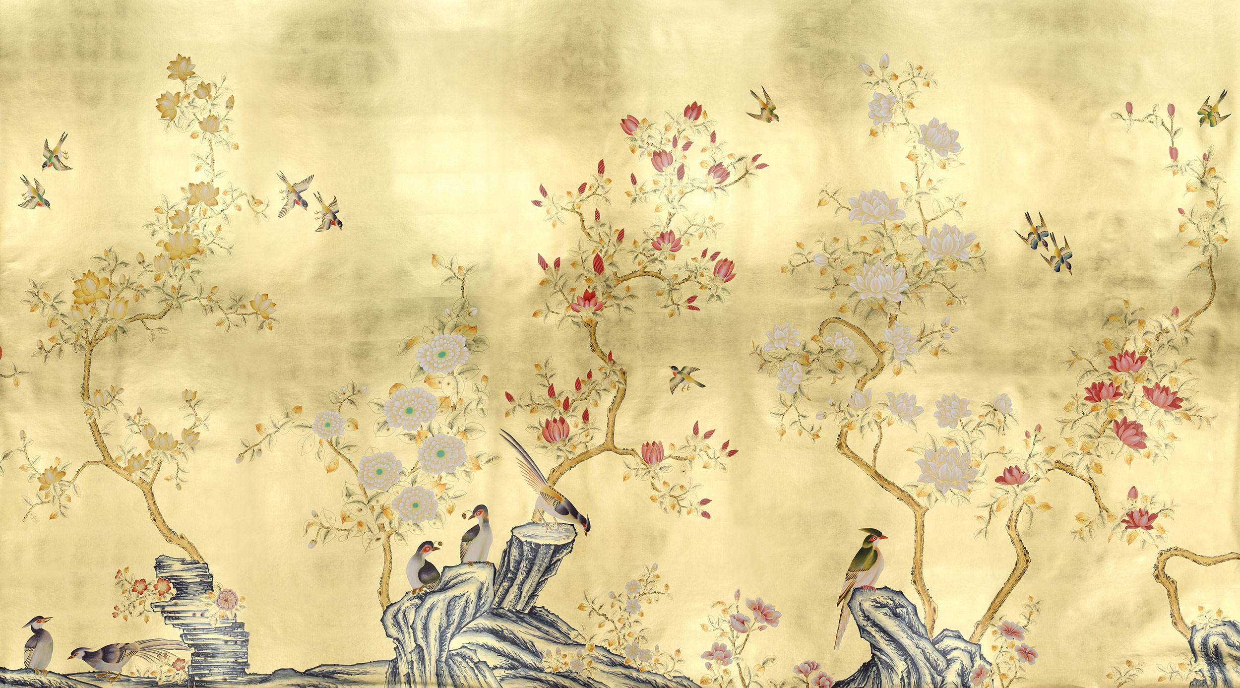 Обои шинуазри Japanese Garden Original colourway on Deep Rich Gold gilded paper Обои шинуазри Japanese Garden Original colourway on Deep Rich Gold gilded paper - постер Loft-Concept в Волгограде