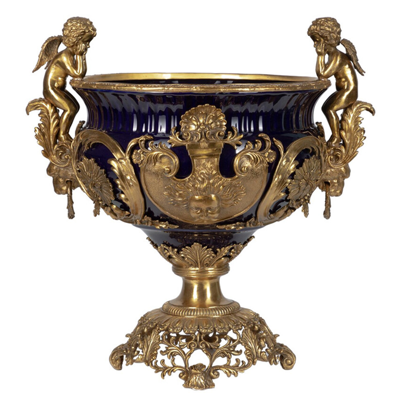 Чаша темно-синего цвета с фигурками ангелов и рельефным декором Eden Garden porcelain and bronze Темно-синий Бронза Чаша темно-синего цвета с фигурками ангелов и рельефным декором Eden Garden porcelain and bronze Темно-синий Бронза в Волгограде | Loft Concept