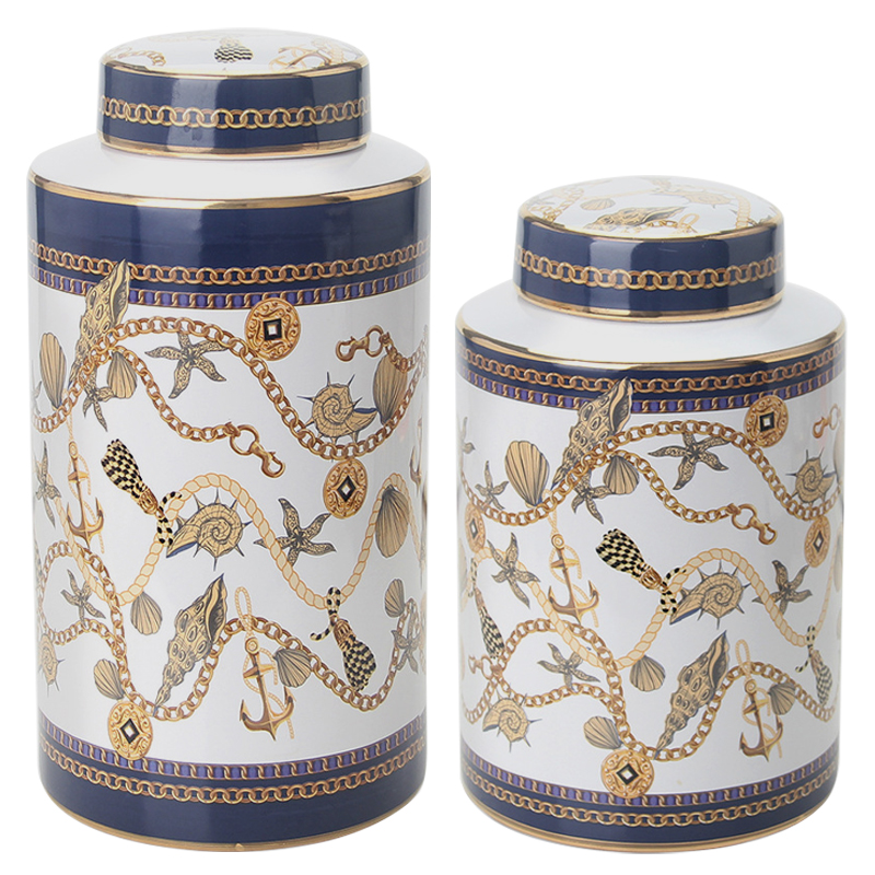 Ваза с крышкой Marine Motif Vase Белый Синий Золотой Бежевый Ваза с крышкой Marine Motif Vase Белый Синий Золотой Бежевый в Волгограде | Loft Concept