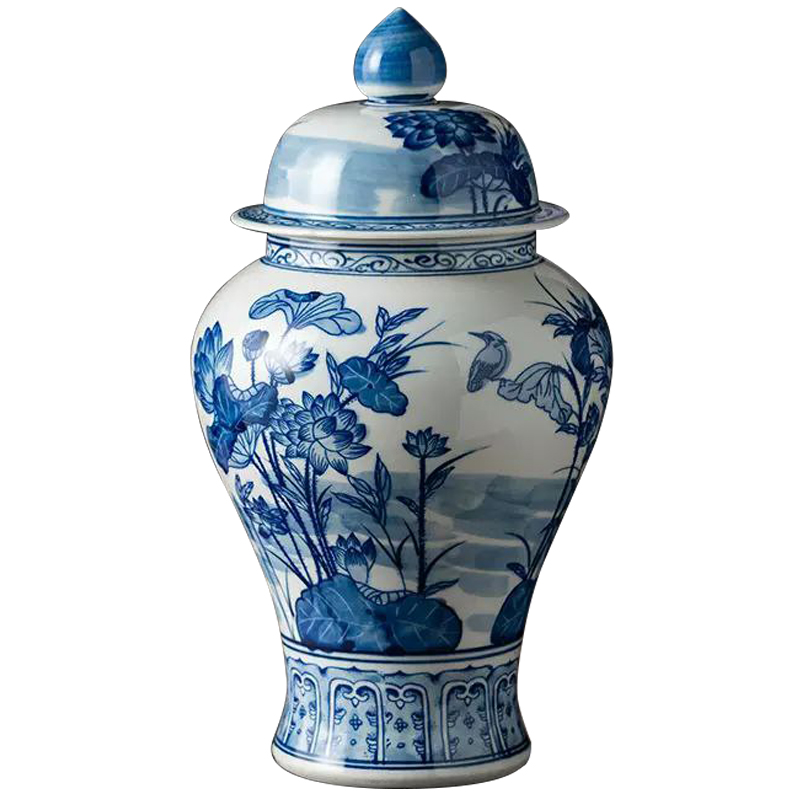 Ваза с крышкой Ceramic Blue Flowers and Bird Vase Белый Синий Ваза с крышкой Ceramic Blue Flowers and Bird Vase Белый Синий в Волгограде | Loft Concept