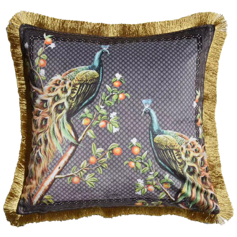 Декоративная подушка Cтиль Gucci Peacock Серый Золотой Мульти в Волгограде | Loft Concept 