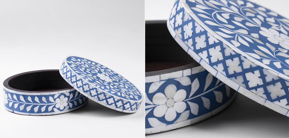 Круглая синяя шкатулка инкрустация кость - Loft-Concept в Волгограде