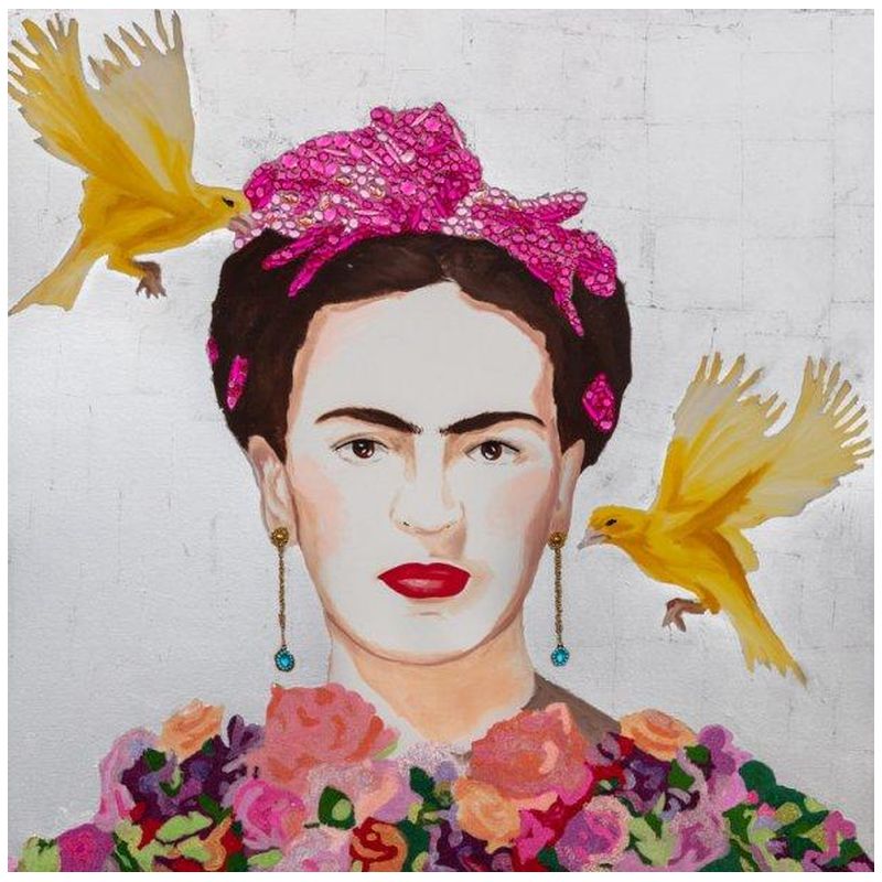 Картина Frida with Yellow Flying Parakeets, Flower Bouquet Dress and Silver Leaf Background Мульти Картина Frida with Yellow Flying Parakeets, Flower Bouquet Dress and Silver Leaf Background Мульти в Волгограде | Loft Concept