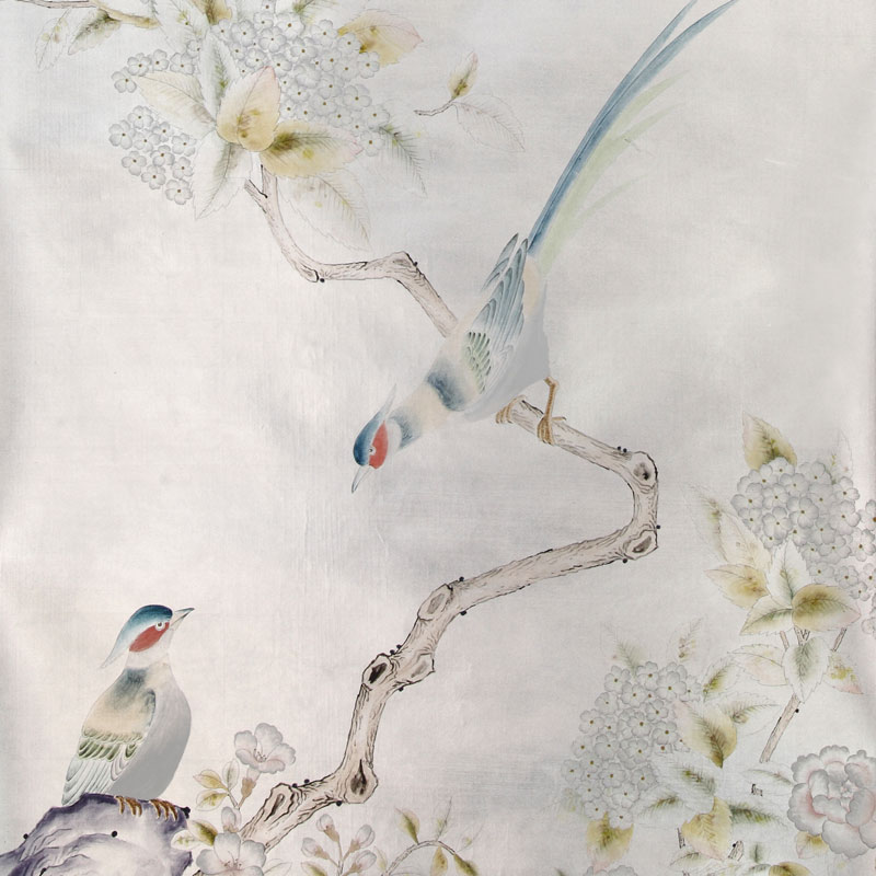 Обои ручная роспись Japanese Garden Special Colourway on Ocean Silver gilded silk Обои ручная роспись Japanese Garden Special Colourway on Ocean Silver gilded silk в Волгограде | Loft Concept
