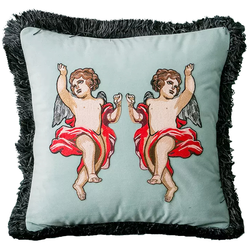 Декоративная подушка с вышивкой Стиль Gucci Angels Cushion Мятный Серый Бежевый Красный Декоративная подушка с вышивкой Стиль Gucci Angels Cushion Мятный Серый Бежевый Красный в Волгограде | Loft Concept