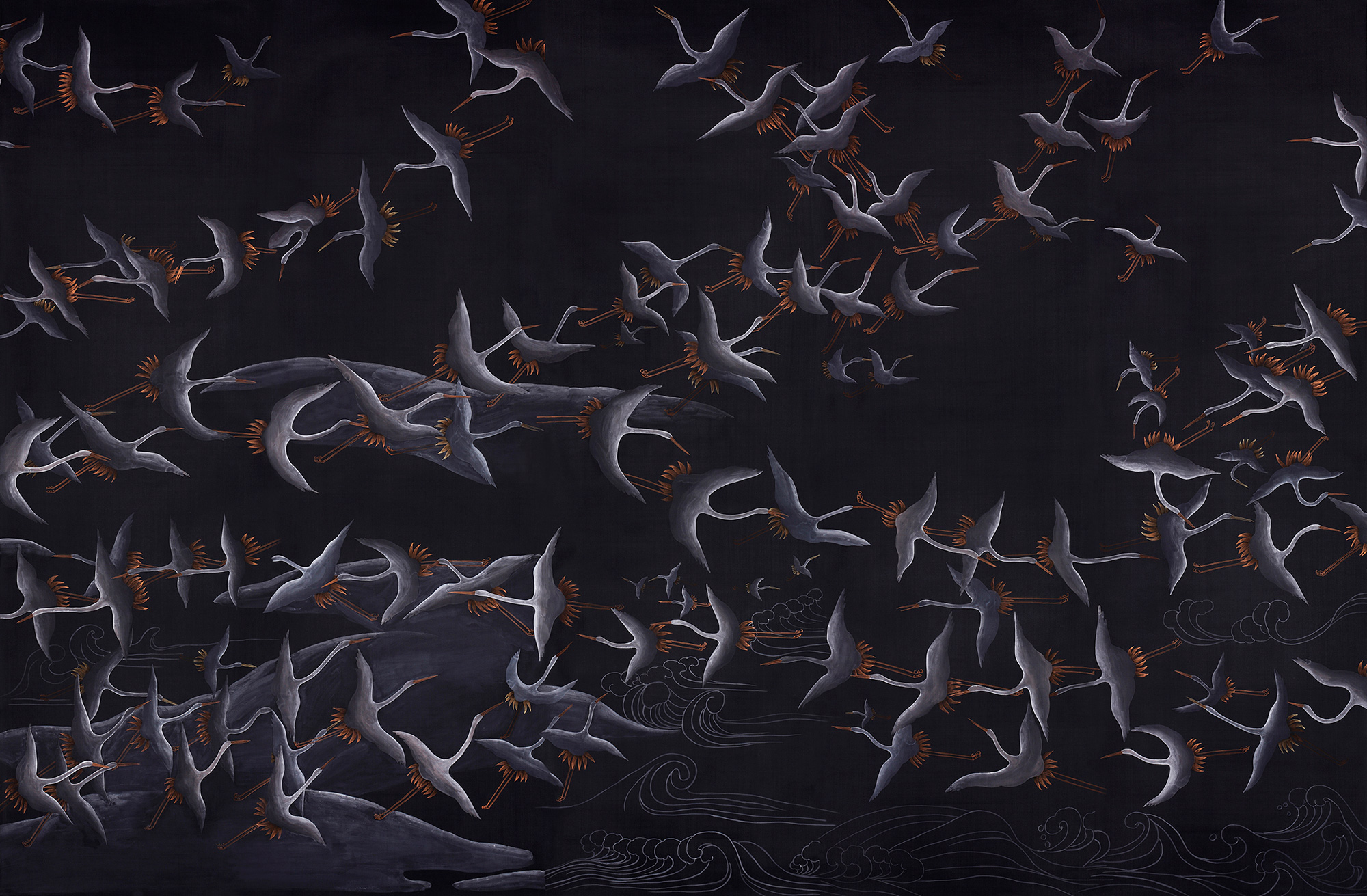 Обои ручная роспись Cranes Scroll Limewash on Pitch dyed silk Обои ручная роспись Cranes Scroll Limewash on Pitch dyed silk - постер Loft-Concept в Волгограде