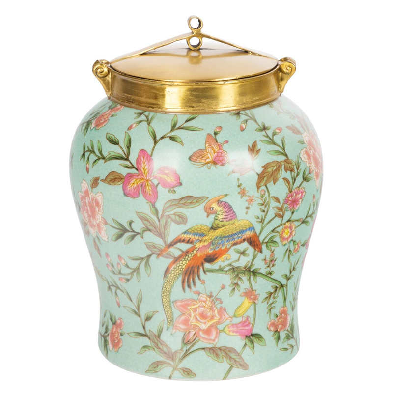 Ваза округлой формы из фарфора с рисунком и бронзовой крышкой Turquoise Blooming Garden Мульти Бронза Бирюзовый Ваза округлой формы из фарфора с рисунком и бронзовой крышкой Turquoise Blooming Garden Мульти Бронза Бирюзовый в Волгограде | Loft Concept