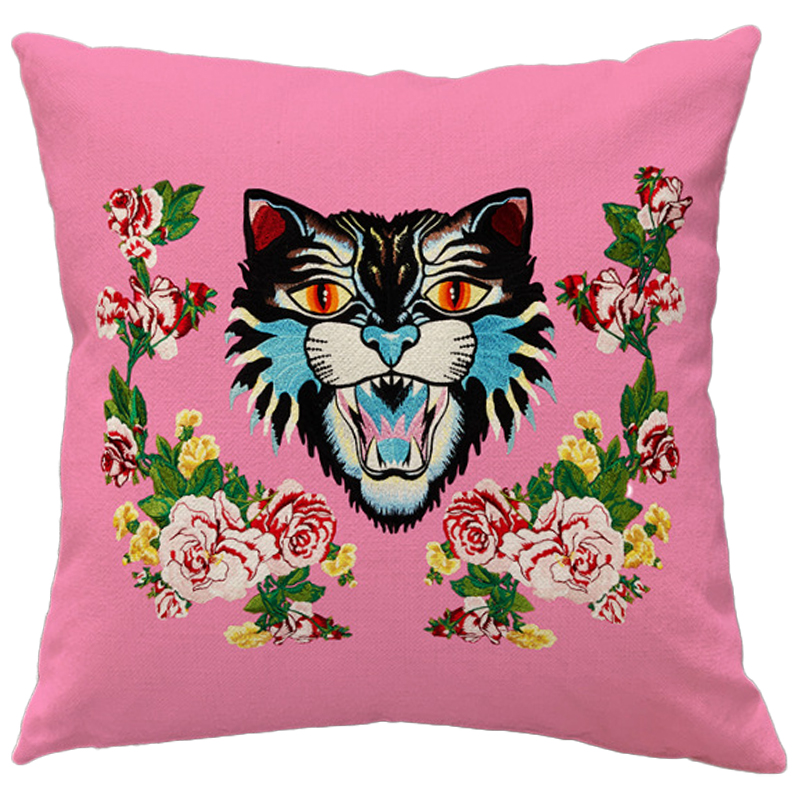 Декоративная подушка Стиль Gucci Cat Pink Розовый Мульти Декоративная подушка Стиль Gucci Cat Pink Розовый Мульти в Волгограде | Loft Concept