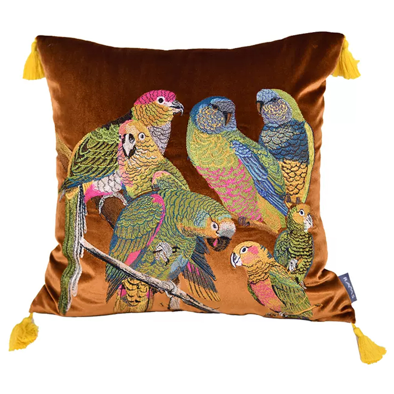Декоративная подушка с вышивкой Embroidery Parrots Pillow Brown Коричневый Мульти в Волгограде | Loft Concept 