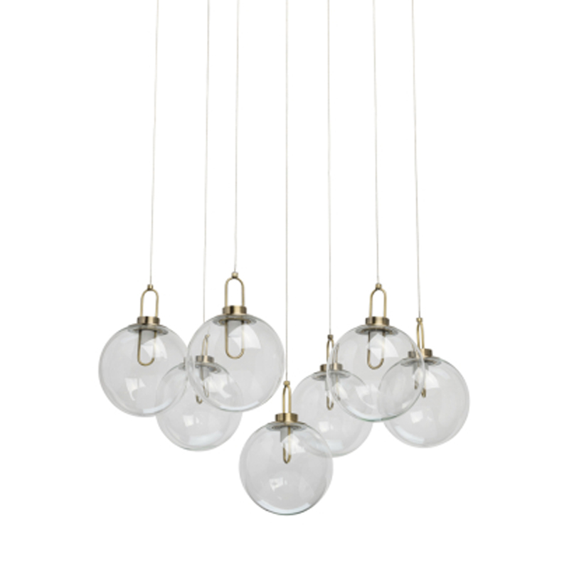 Люстра с 7-ю плафонами из прозрачного стекла в форме шара Orb Cascade  Бронза Прозрачный в Волгограде | Loft Concept 