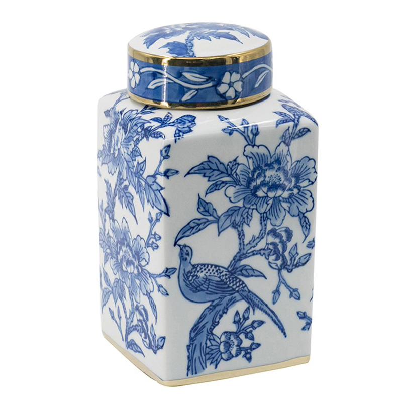 Ваза с крышкой Bird & Flowers Oriental Ornament Глянцевое золото Белый Синий Ваза с крышкой Bird & Flowers Oriental Ornament Глянцевое золото Белый Синий в Волгограде | Loft Concept