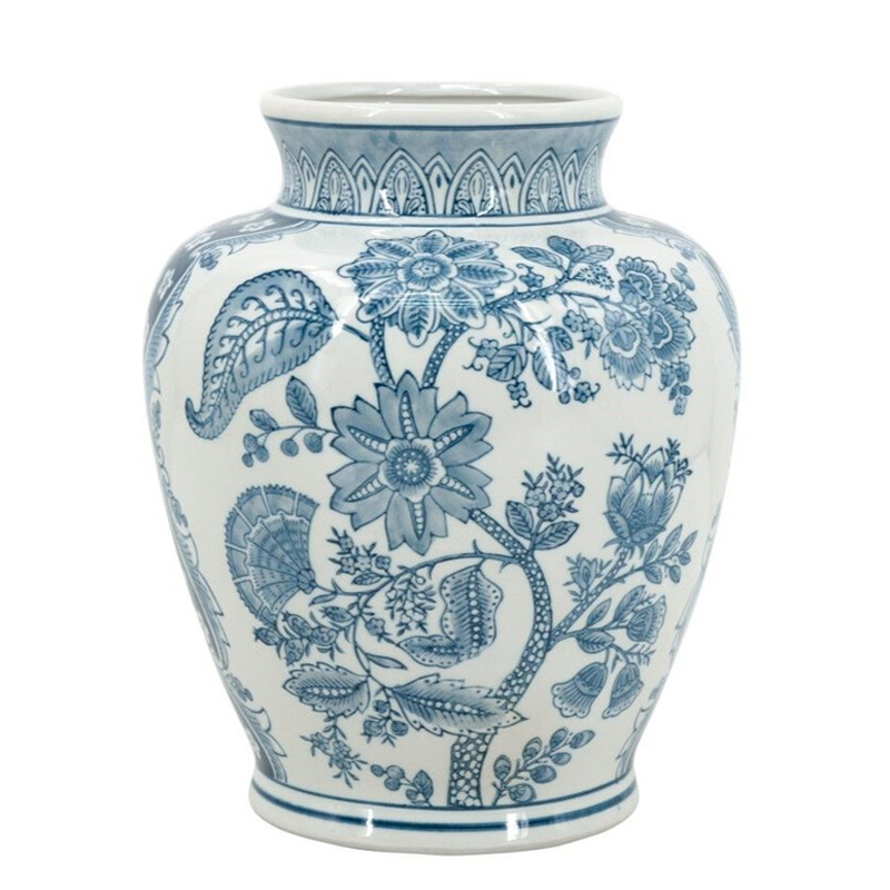Ваза округлой формы белого цвета с синим растительным узором Blue & White Ornament Белый Синий Ваза округлой формы белого цвета с синим растительным узором Blue & White Ornament Белый Синий в Волгограде | Loft Concept