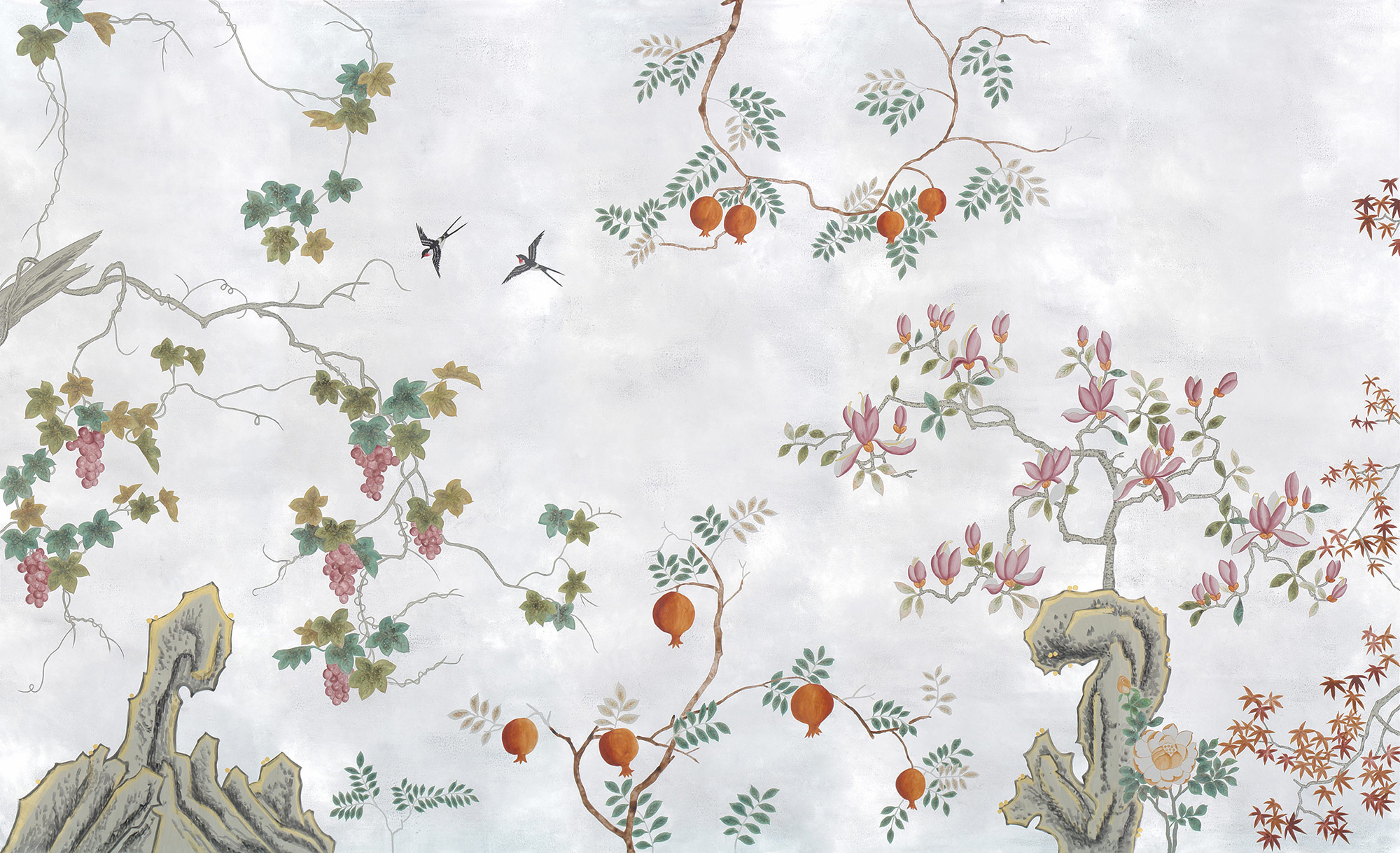 Обои ручная роспись Summer Night Blossom Original colourway on Ocean Silver gilded paper Обои ручная роспись Summer Night Blossom Original colourway on Ocean Silver gilded paper - постер Loft-Concept в Волгограде