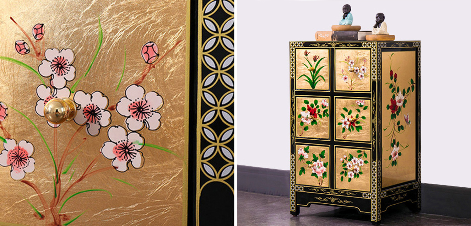 Тумба в Китайском стиле ручная роспись Black and Gold Chinese Nightstand - фото