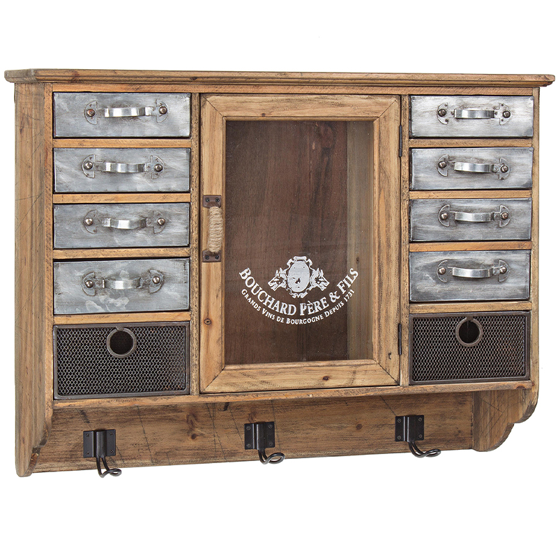 Полка в винтажном стиле с витриной и металлическими выдвижными ящиками Vintage Wood Shelf Коричневый Серебряный в Волгограде | Loft Concept 