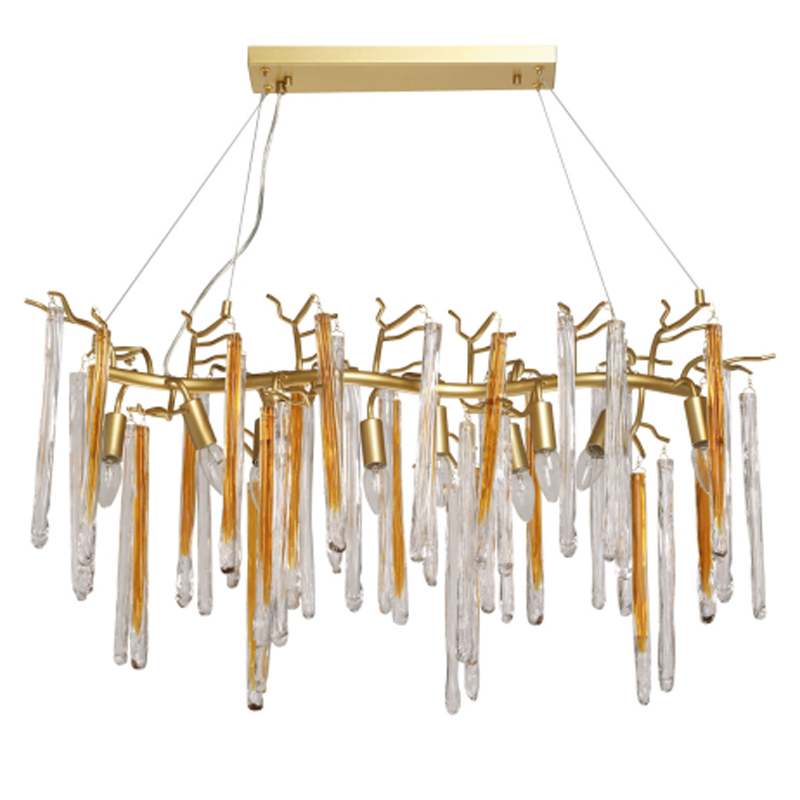 Люстра линейная золотого цвета с декоративными ветвями и длинными стеклянными подвесками в форме сосулек Droplet Chandelier Золотой Прозрачный в Волгограде | Loft Concept 