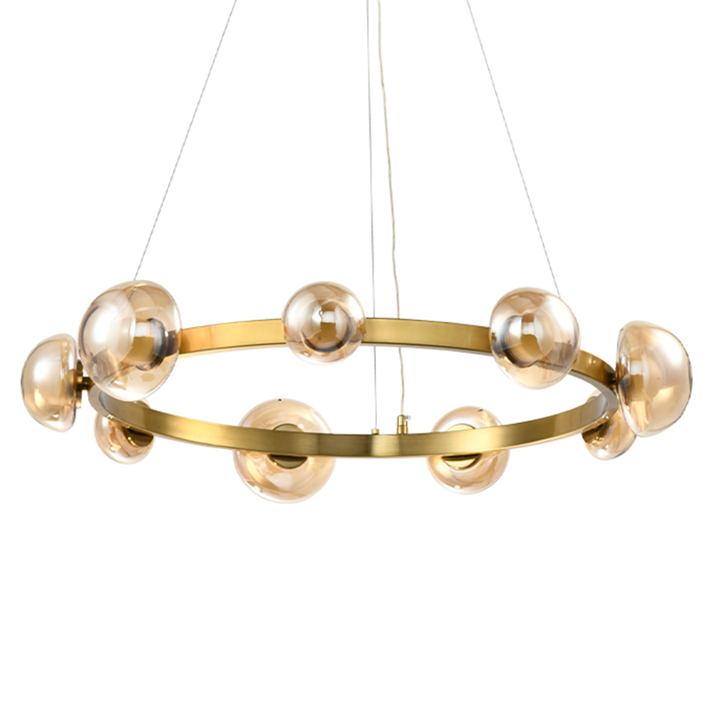 Люстра подвесная светодиодная с 9-ю круглыми плафонами коньячного цвета Iona Chandelier Brass Латунь Люстра подвесная светодиодная с 9-ю круглыми плафонами коньячного цвета Iona Chandelier Brass Латунь в Волгограде | Loft Concept