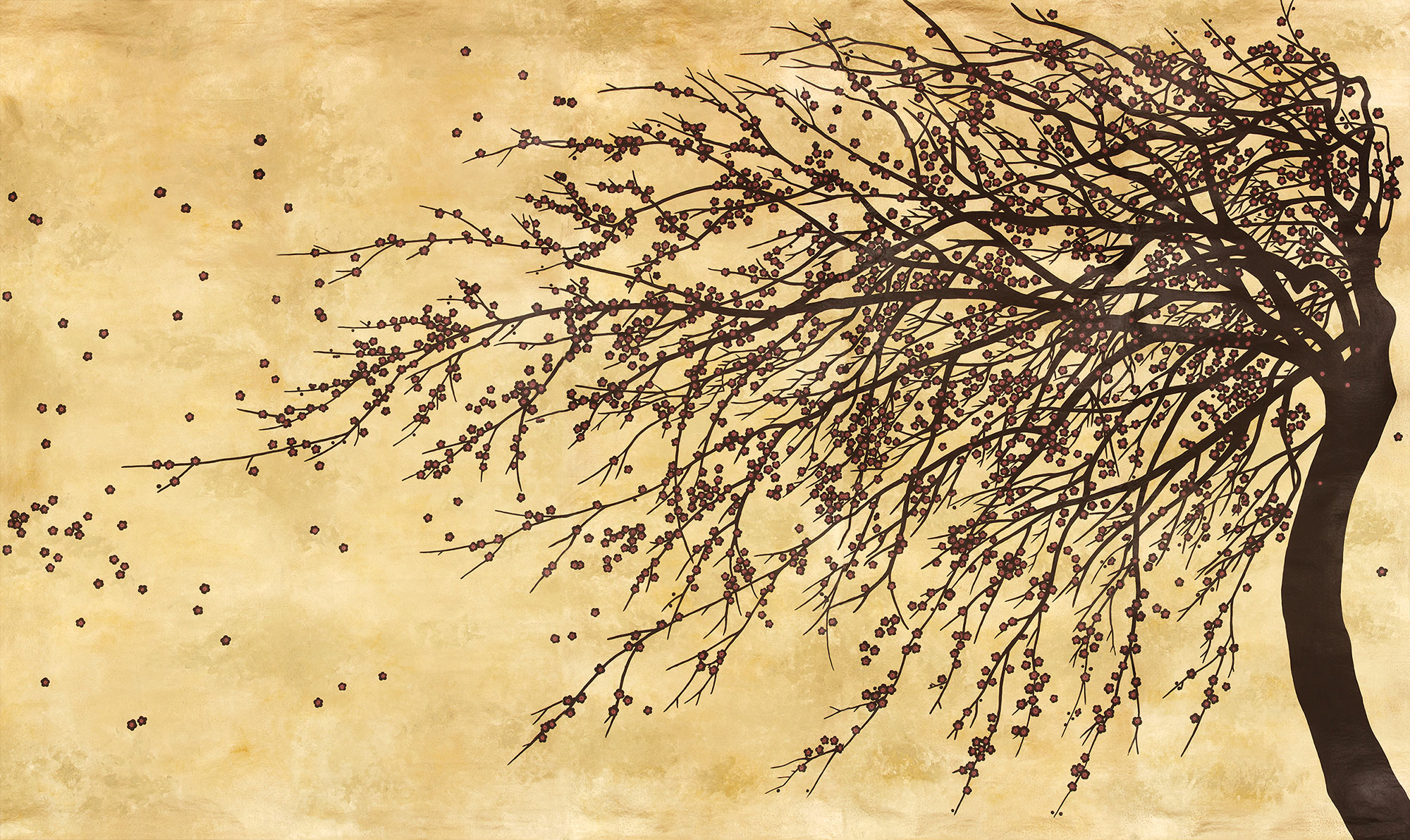Обои ручная роспись Windswept Blossom Noir on Warm Gold gilded Xuan paper with pearlescent antiquing Обои ручная роспись Windswept Blossom Noir on Warm Gold gilded Xuan paper with pearlescent antiquing - постер Loft-Concept в Волгограде