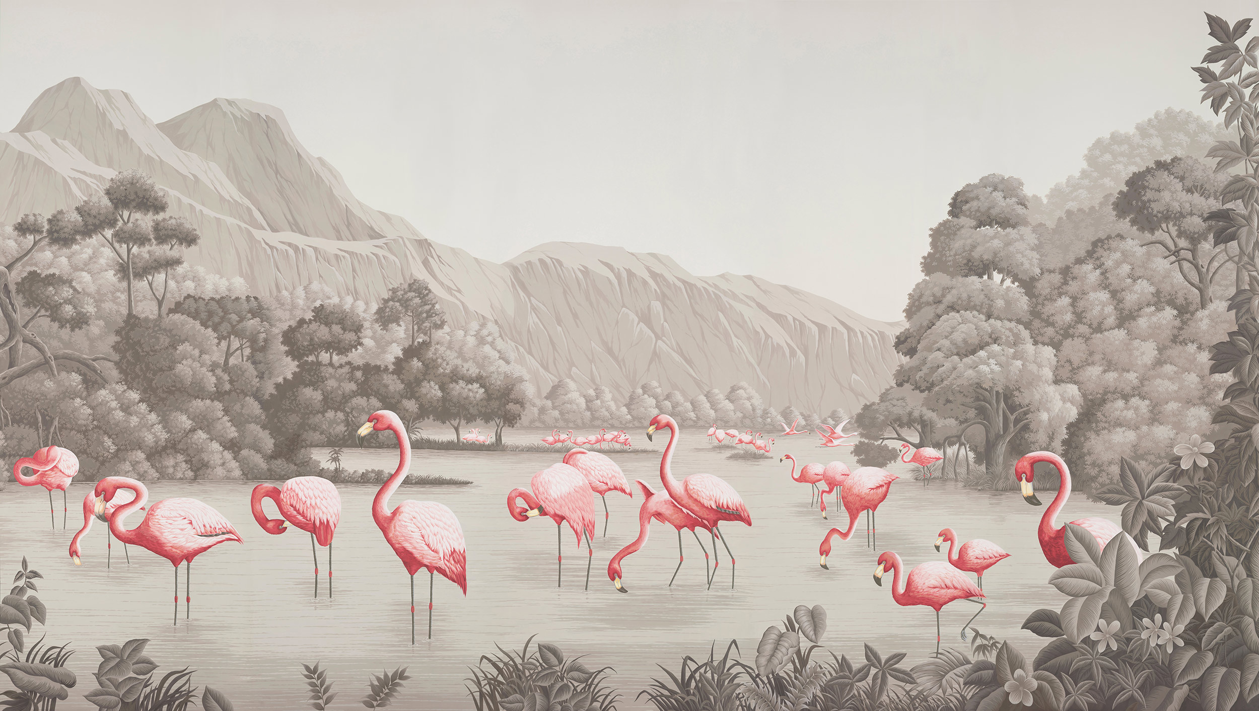 Обои ручная роспись Flamingos Flamingo on Eau Forte scenic paper Обои ручная роспись Flamingos Flamingo on Eau Forte scenic paper - постер Loft-Concept в Волгограде