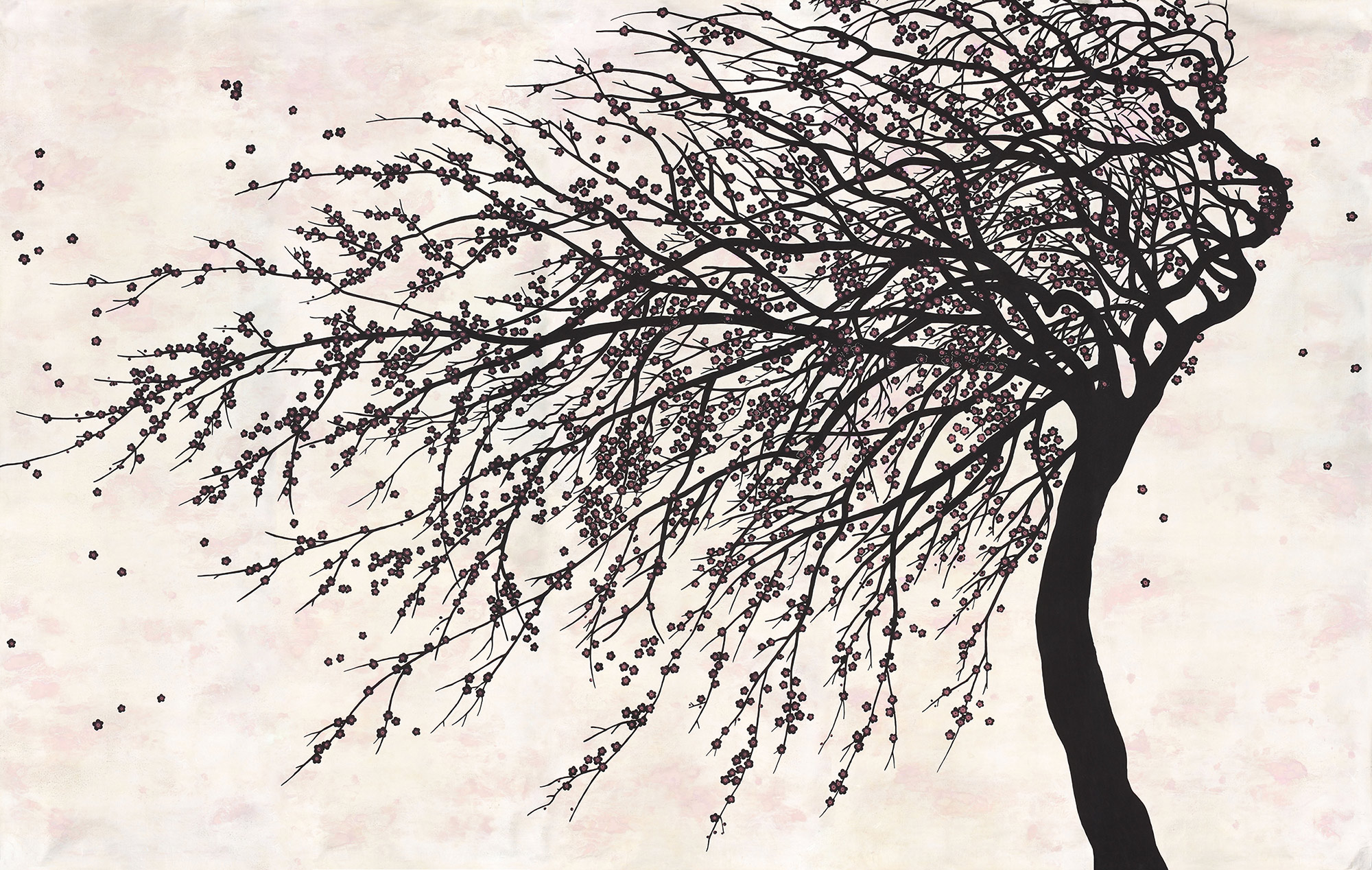 Обои ручная роспись Windswept Blossom Noir on White Metal gilded silk with pearlescent antiquing Обои ручная роспись Windswept Blossom Noir on White Metal gilded silk with pearlescent antiquing - постер Loft-Concept в Волгограде