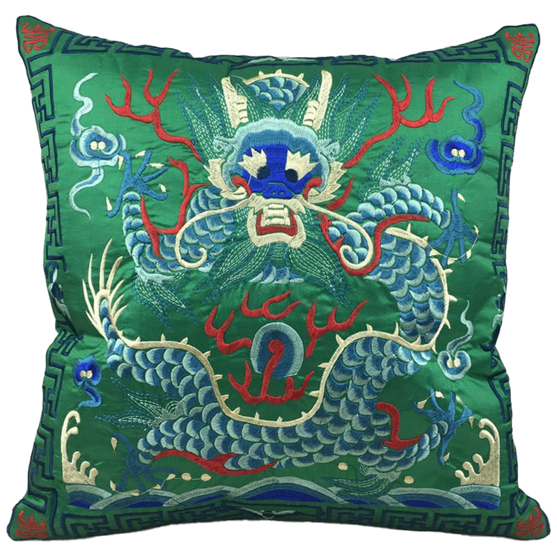 Декоративная подушка с вышивкой Chinese Dragon Green Зеленый Мульти в Волгограде | Loft Concept 