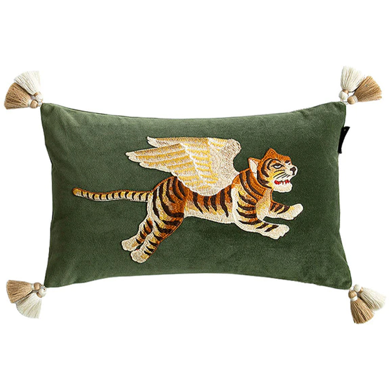 Декоративная подушка с вышивкой Стиль Gucci Winged Tiger Cushion Зеленый Оранжевый Золотой Декоративная подушка с вышивкой Стиль Gucci Winged Tiger Cushion Зеленый Оранжевый Золотой в Волгограде | Loft Concept