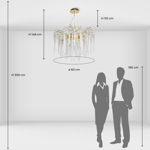 Люстра золотого цвета с декоративными ветками и длинными прозрачными стеклянными подвесами в форме сосулек Droplet Chandelier в Волгограде