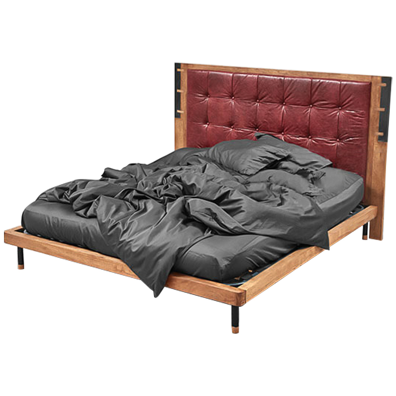 Кровать деревянная с изголовьем из натуральной кожи Kearns Bed Древесина Бургундский красный Кровать деревянная с изголовьем из натуральной кожи Kearns Bed Древесина Бургундский красный в Волгограде | Loft Concept
