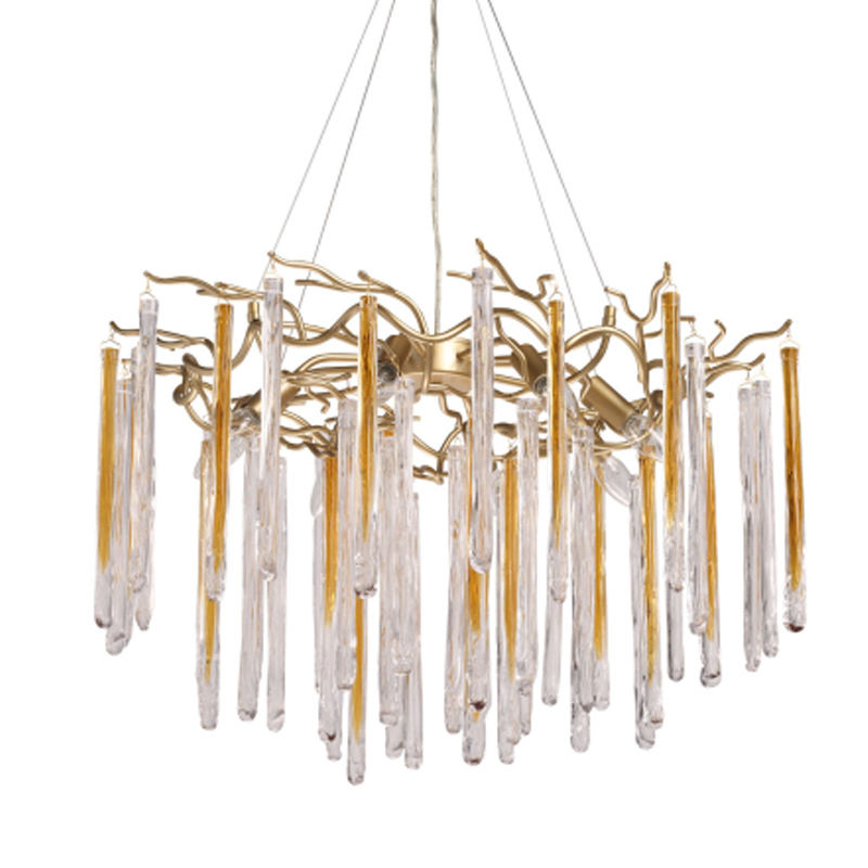 Люстра подвесная золотого цвета с разветвленными ветвями и прозрачными стеклянными подвесками Droplet Chandelier Золотой Прозрачный в Волгограде | Loft Concept 