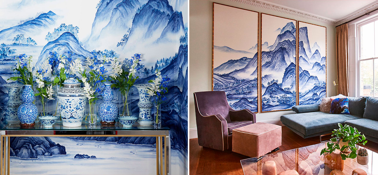 Обои ручная роспись A Thousand Li of Rivers and Mountains Delft on Bleached White dyed silk - фото