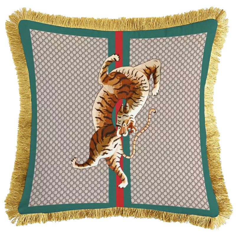 Декоративная подушка Cтиль Gucci Tiger Серый Зеленый Оранжевый Золотой в Волгограде | Loft Concept 