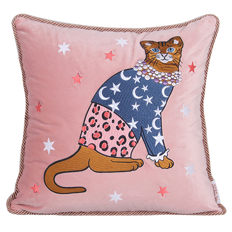 Декоративная подушка с вышивкой Magic Cat Embroidery Cushion Розовый Синий Оранжевый Мульти Декоративная подушка с вышивкой Magic Cat Embroidery Cushion Розовый Синий Оранжевый Мульти в Волгограде | Loft Concept