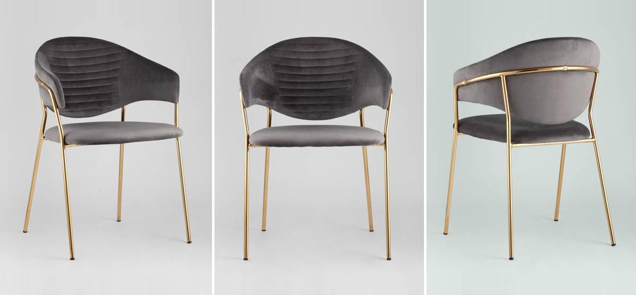 Стул Alexis Chair Серый Велюр Золотые ножки - фото