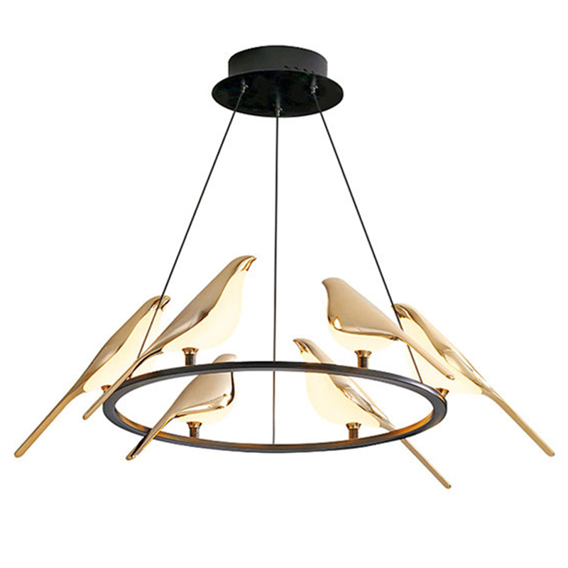 Люстра с золотыми птичками круглая NOMI Chandelier Six birds Round Глянцевое золото Черный в Волгограде | Loft Concept 
