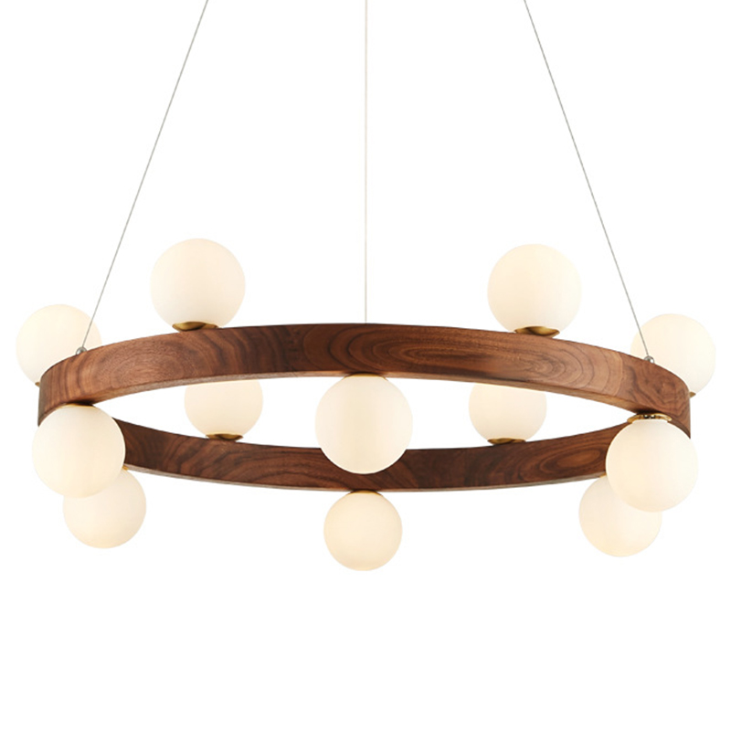 Люстра из дерева с белыми плафонами GRAND Wooden Chandelier Белое матовое стекло Коричневый Латунь Люстра из дерева с белыми плафонами GRAND Wooden Chandelier Белое матовое стекло Коричневый Латунь в Волгограде | Loft Concept