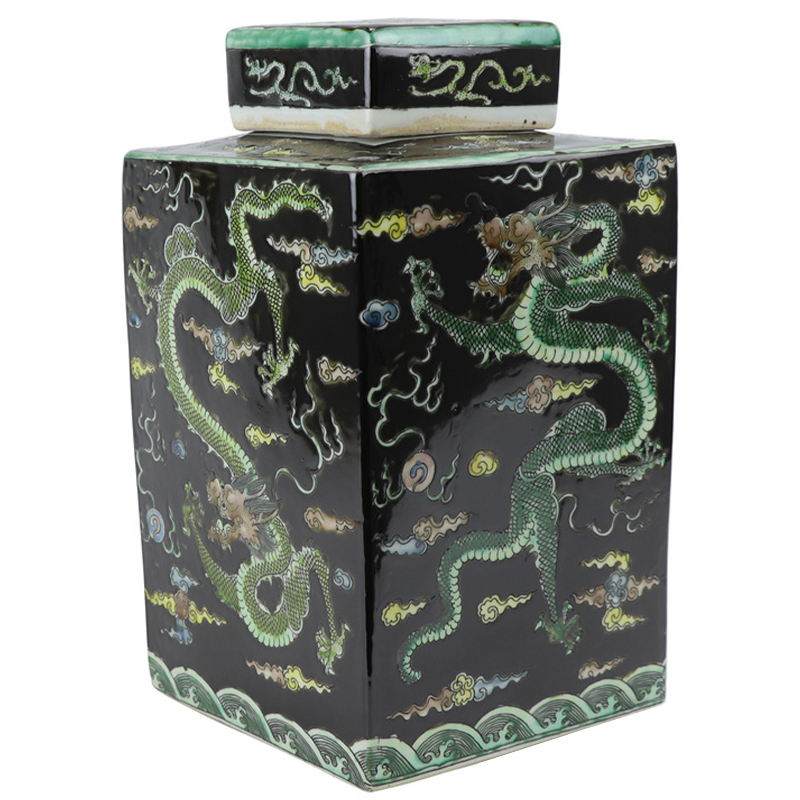 Ваза с крышкой квадратная Green Dragon Black Vase Черный Зеленый Желтый Светло-синий Ваза с крышкой квадратная Green Dragon Black Vase Черный Зеленый Желтый Светло-синий в Волгограде | Loft Concept