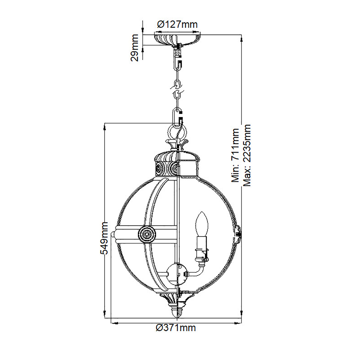 Подвесной светильник с прозрачным стеклянным плафоном в форме шара цвета никеля в индустриальном стиле на цепи 3 лампы Feiss в Волгограде