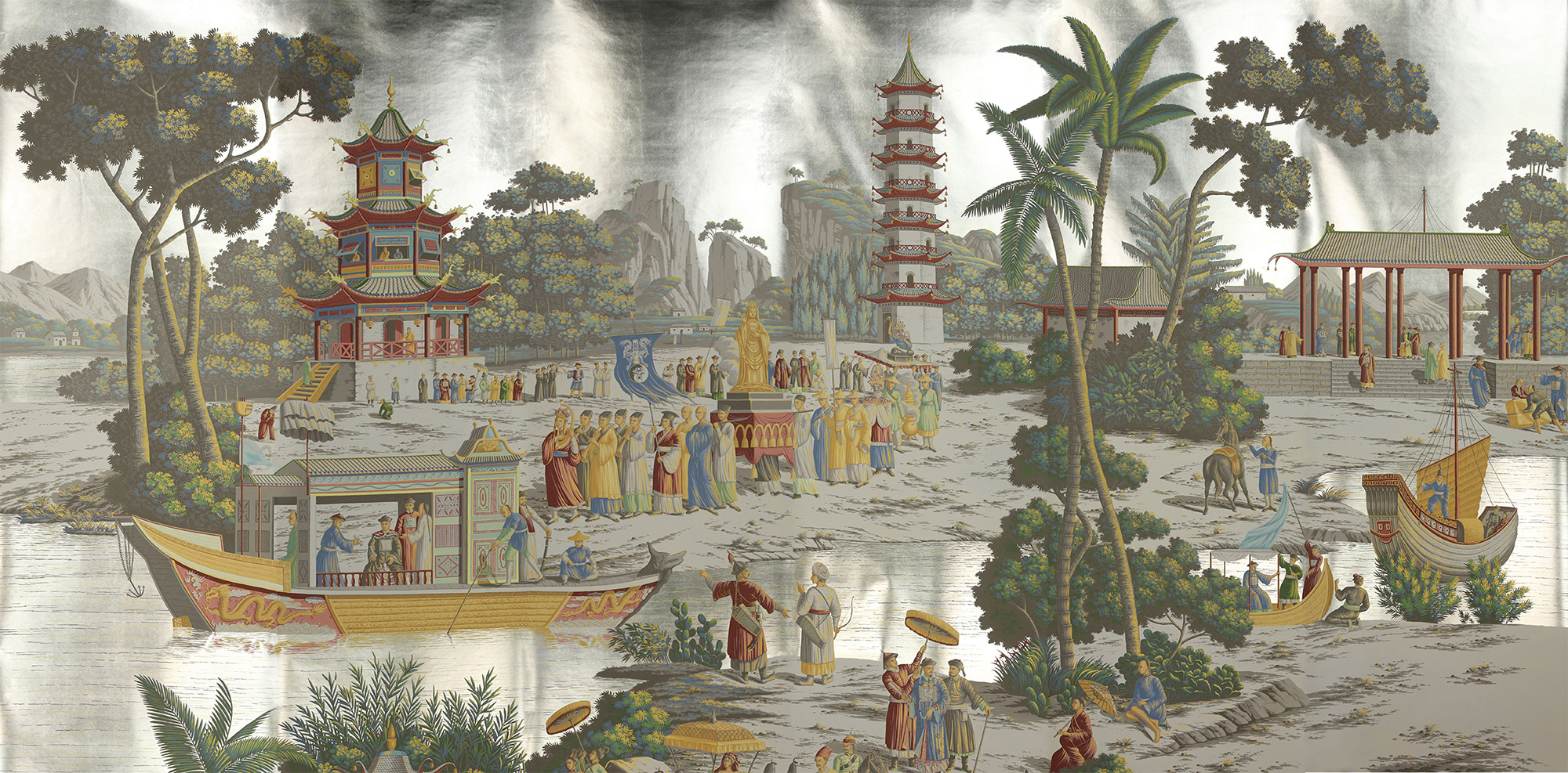 Обои ручная роспись Procession Chinoise Special Colourway on White Metal gilded paper Обои ручная роспись Procession Chinoise Special Colourway on White Metal gilded paper - постер Loft-Concept в Волгограде