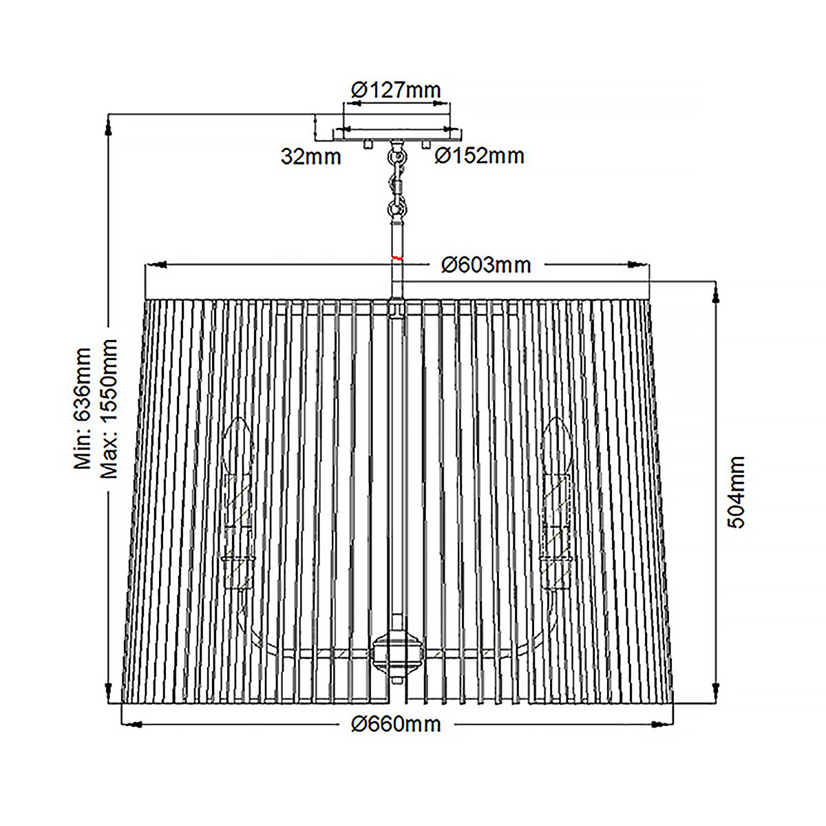 Люстра цвета латунь с 6-ю лампами свечами внутри цилиндрического абажура из черных металлических реек Kichler в Волгограде