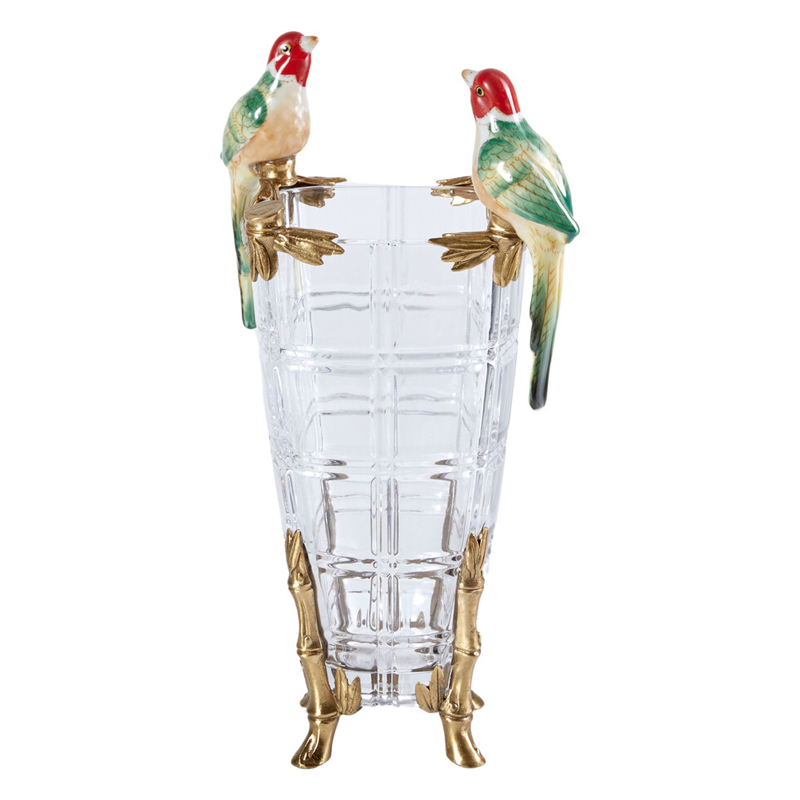 Ваза из прозрачного стекла с бронзовыми ножками и фигурками попугаев Eden Garden porcelain and bronze Прозрачное Стекло Бронза Мульти в Волгограде | Loft Concept 