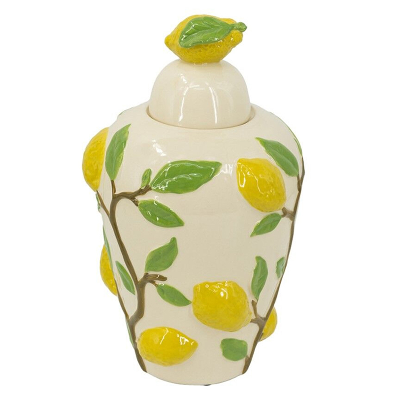 Ваза с крышкой кремового цвета и объемным рисунком лимонов и листьев Lemon Delight Кремовый Желтый Коричневый Зеленый Ваза с крышкой кремового цвета и объемным рисунком лимонов и листьев Lemon Delight Кремовый Желтый Коричневый Зеленый в Волгограде | Loft Concept