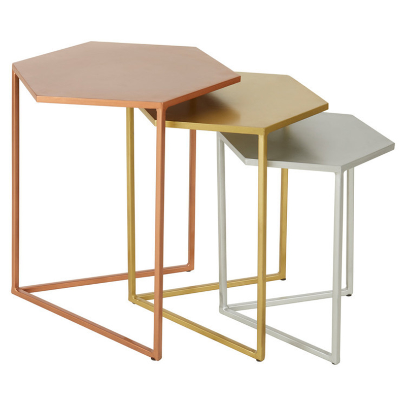 Комплект из 3-х приставных столиков Trio Hexagon Side Tables Медь Золотой Серебряный Комплект из 3-х приставных столиков Trio Hexagon Side Tables Медь Золотой Серебряный в Волгограде | Loft Concept