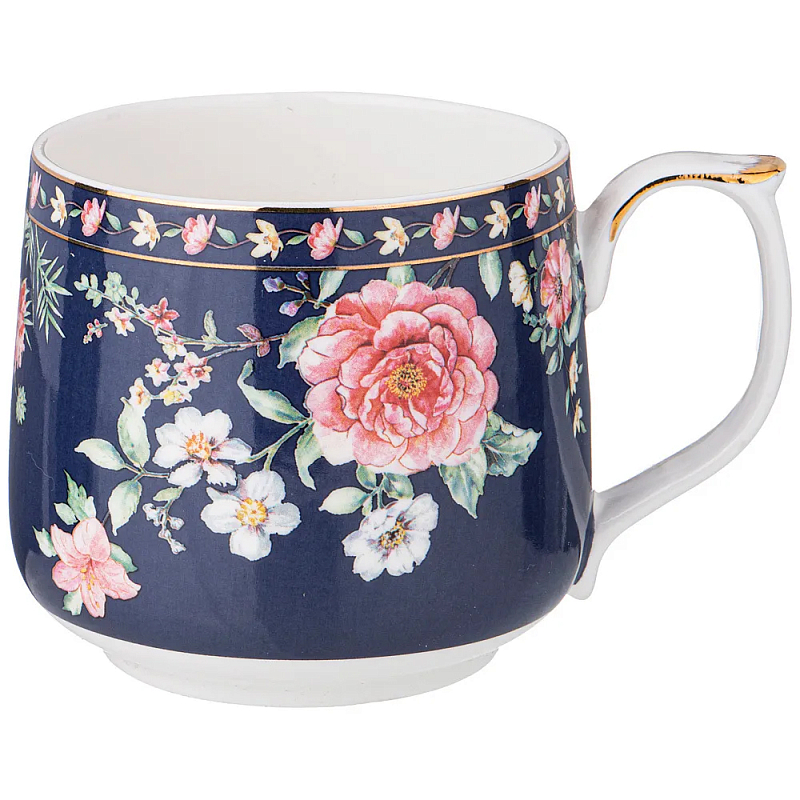 Кружка фарфоровая синяя с цветочным принтом 470 мл Flower Porcelain Collection Синий Мульти Кружка фарфоровая синяя с цветочным принтом 470 мл Flower Porcelain Collection Синий Мульти в Волгограде | Loft Concept