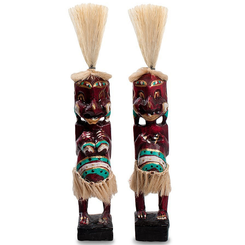Комплект из 2-х деревянных статуэток Asmat Straw Headdress Statuettes Red Turquoise Tattoo Красный Бежевый Бирюзовый Белый Комплект из 2-х деревянных статуэток Asmat Straw Headdress Statuettes Red Turquoise Tattoo Красный Бежевый Бирюзовый Белый в Волгограде | Loft Concept
