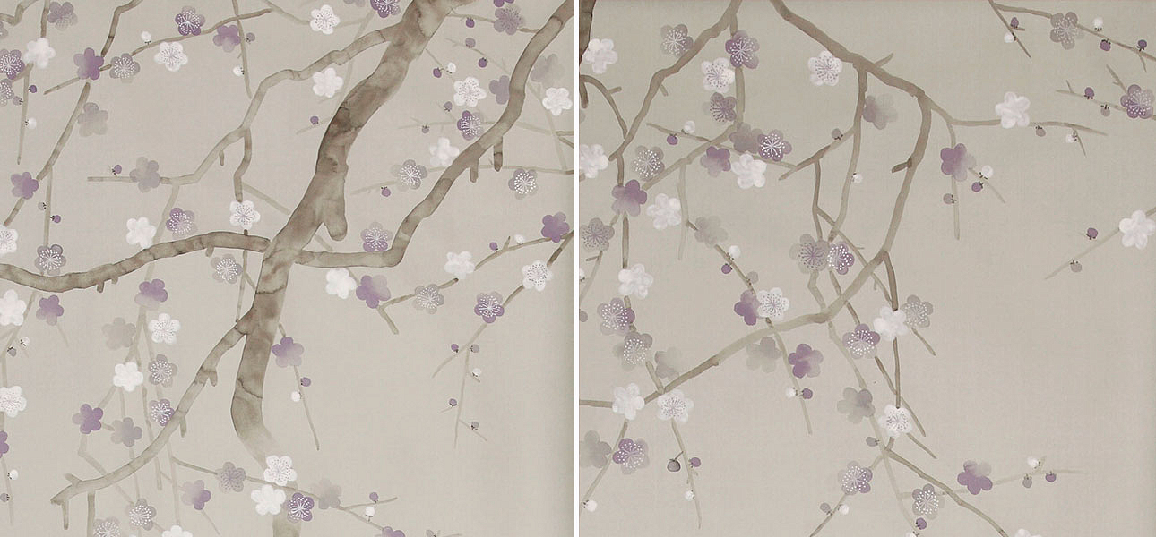 Обои ручная роспись Plum Blossom Special Colourway on Oyster Shell metallic silk Обои ручная роспись Plum Blossom Special Colourway on Oyster Shell metallic silk - Loft-Concept в Волгограде